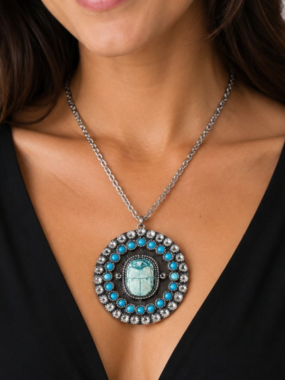 Vtg Ceramic Beetle Scarab Pendant Necklace  Silvertone Egyptian Statement Chunky